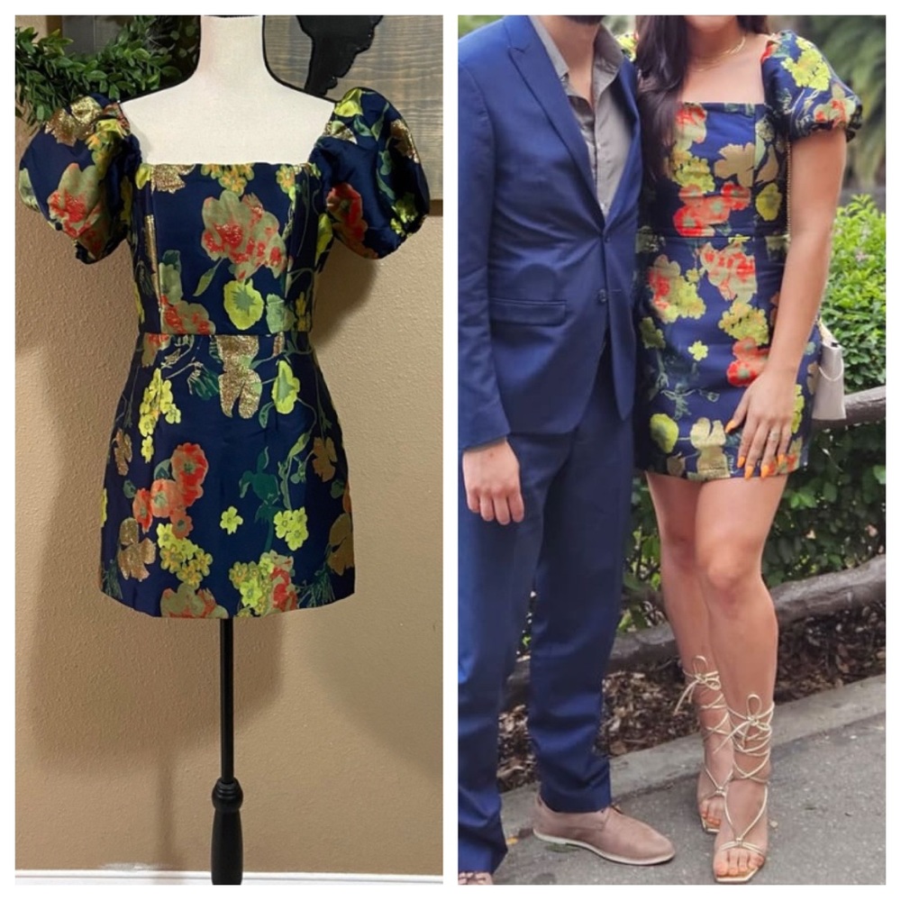 Lulu's Floral Puff Sleeve Mini Dress - Navy and Yellow
